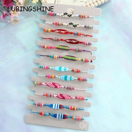 12pcs/lot Women Soft Pottery Fish Animal Charms Yoga Bracelet Set Child Braided Adjustable Knot Rope Chain Wristband Jewelry