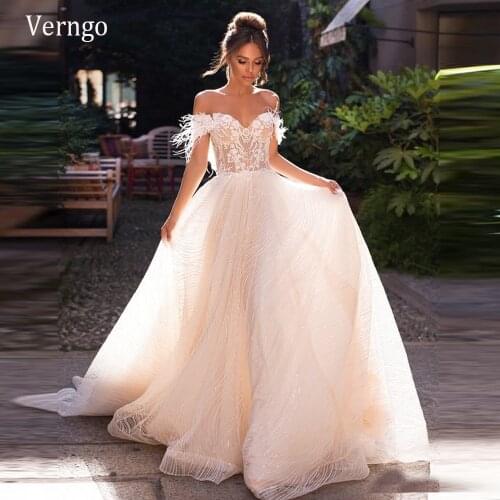 Verngo 2021 Charming Off the Shoulder Lace Wedding Dress With Sleeves Ostrich Feather Bride Gowns Elegant Custom Bridal Dresses