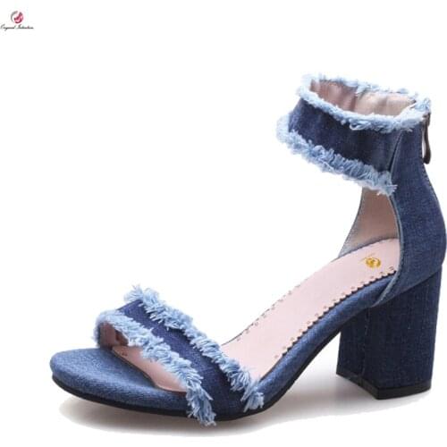 Original Intention Super Sexy Women Sandals Stylish Open Toe Charm Square Heels Casual Sandals Blue Shoes Women US Size 3-10.5