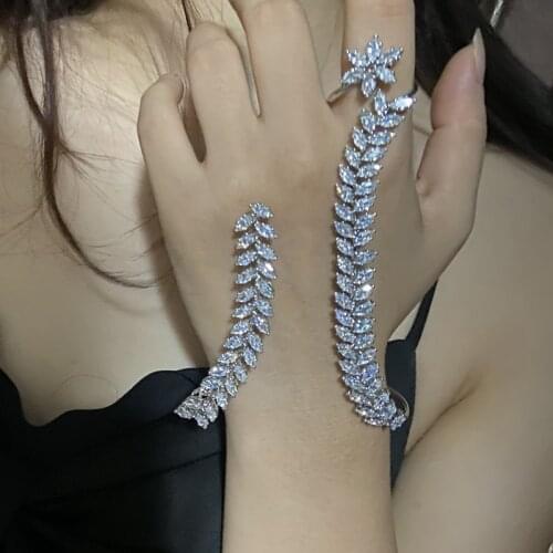 High Level Cubic Zironia Leaf Open Cuff Bangle Free Size 925 Silver Color Hand Palm Bangle Wedding Prom Party Jewelry