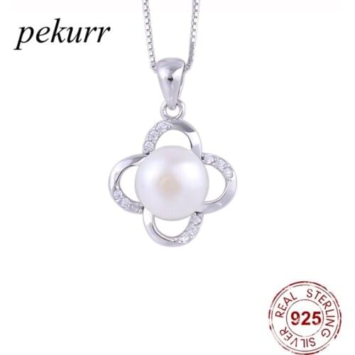 Pekurr 925 Sterling Silver 4 Leaf Clover Natural Freshwater Pearl Necklaces For Women Lucky Clover Pendants Fashion Jewelry