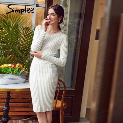 Simplee Casual v-neck women knitted dress Nine points sleeve stripe splicing female dress Office lady sheath sweater knee dress