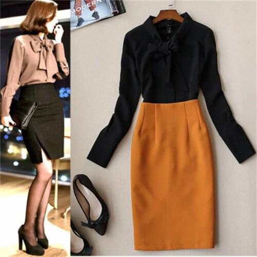Casual suit female autumn New high quality long sleeve bow shirt+ high waist skirt suit Women skirt two-piece OL suit women