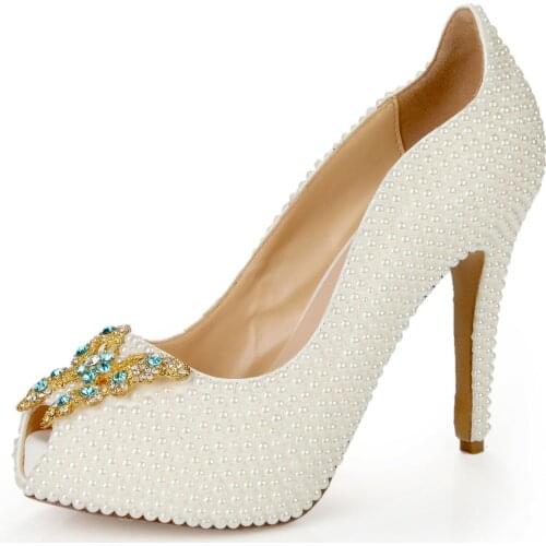 Peep Toe Bridal Shoes Handmade Pearl Butterfly Button Fashion Thin Heel Single Shoe Bridesmaid Shoes High-heeled Wedding Shoes