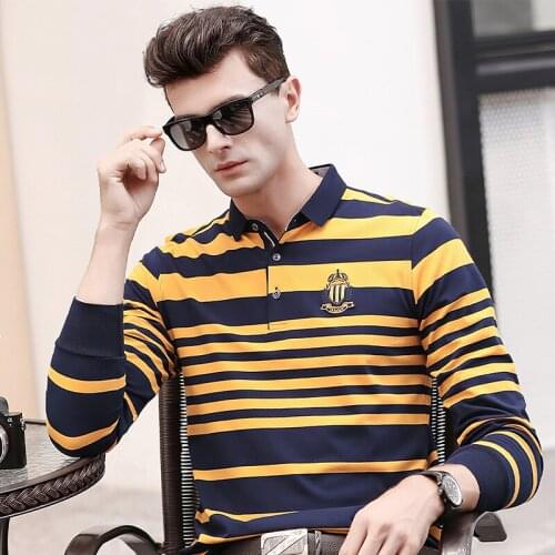 European and American Style Spring and Autumn Long-sleeved Mens T-shirt Cotton Striped Fashion Casual Business Mens POLO Shirt