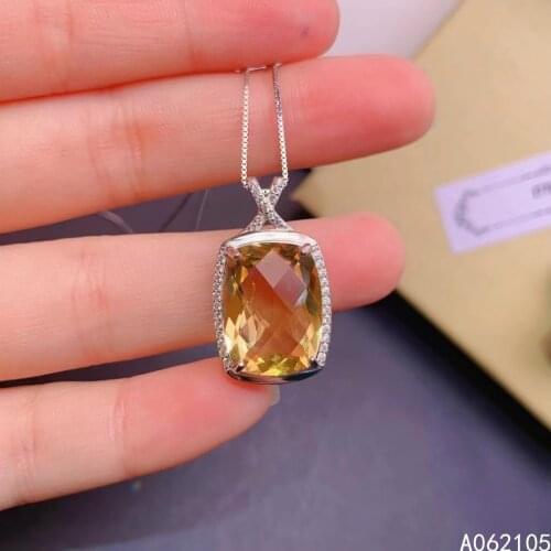 Fine jewelry 925 pure silver inlaid natural Citrine girl classic luxury rectangle Chinese style large gem pendant necklace suppo