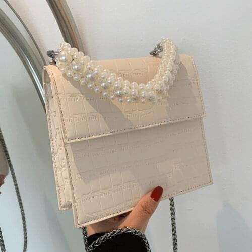 Pearl Women Leather Handbags High Quality Crossbody Bags Female Vintage Shoulder Bags Bolsa Feminina Square Ladies Flap Bag New