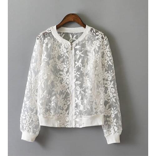 Organza Lace Jacket Women Black White Spring Summer Short Coat Stand Collar Bomber Jacket Women Chaquetas Casual Jackets C5430