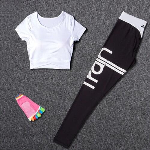 Womens Yoga Sets Fitness Sport Suit Sport Wear Running Leggings+Yoga Socks+ Sports T-shirt Workout Gym sports Sets Sportswear
