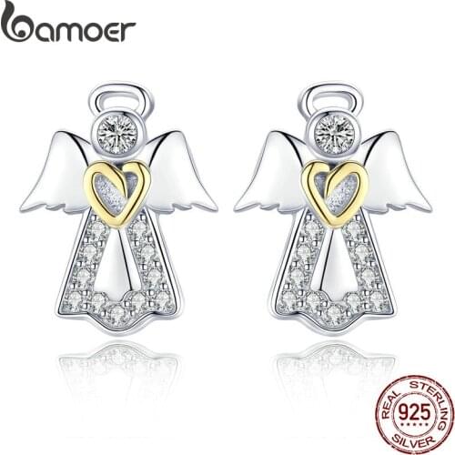 BAMOER Hot Sale Genuine 925 Sterling Silver Guardian Angel Exquisite Stud Earrings for Women Fashion Silver Jewelry Gift SCE476