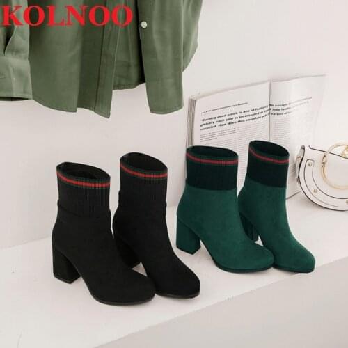Kolnoo Handmade New Womens Chunky Heels Boots Kid-Suede Elasic-Band Black Green Modern Boots Winter Fashion Party Prom Shoes