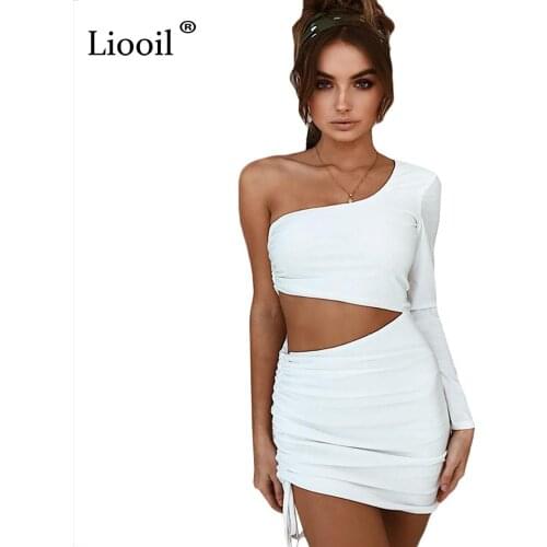Liooil Bodycon Draped Mini Dress Women Sexy Off One-Shoulder Sleeveless Backless Hollow Out Black White Party Asymmetrical Dress