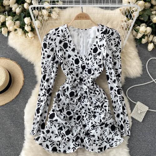 SINGREINY Women French Floral Dress Puff Sleeve V Neck A-line Ruffles Dresses 2021 Autumn Bohemian Print Streetwear Short Dress
