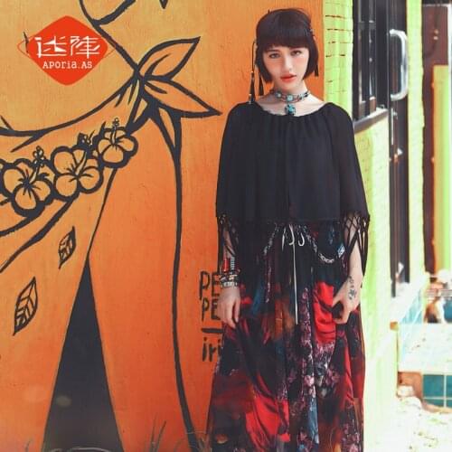 Summer Spring Women Floral Chiffon Maxi Ladies Bohemian Beach Fringe Cloak Mesh Loose Long Dress elbise vestido