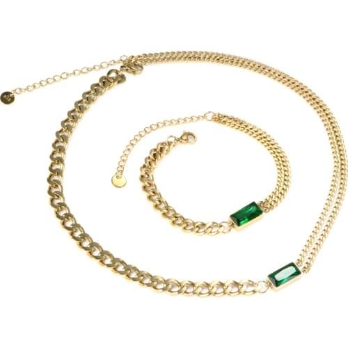 ZMFashion Vintage Jewelry Set Black/Green Square Stone Double Chain Necklace Bracelet For Women Men Stainless Steel Womens Gift