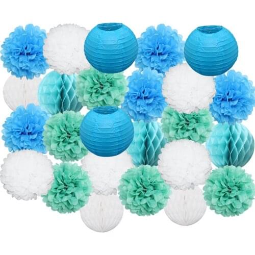 25pcs/set Blue Round Paper Lantern Set Summer Hawaiian Party Decoration Wedding Favor Pink White Hanging Paper Crafts
