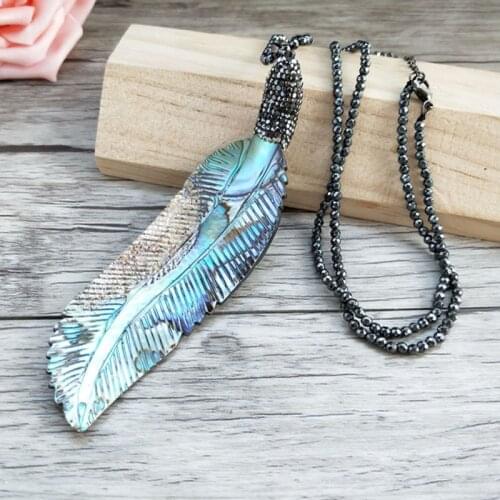 4 pcs Hematite beads Chains necklace,feather shape abalone shell Charms With Crystal Rhinestone Pendant Jewelry necklaces NK298