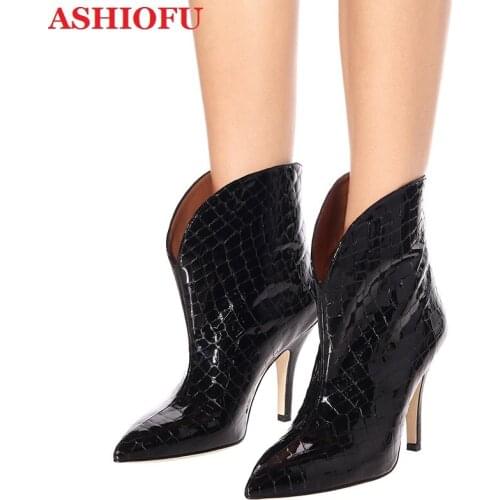 ASHIOFU Handmade New Ladies High Heel Boots Hot Sale Party Prom Ankle Boots Plus Size Evening Club Fashion Short Boots Shoes