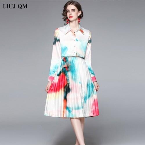 Spring Summer 2 Piece Set Women Long-sleeved Shirt Top + High Waist Gradient Pleated Long Skirt Set Suit Print BohoBeach Dress
