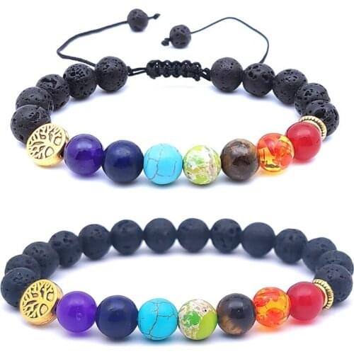 Gold Tree 8mm Healing Seven Chakra Bracelet Woven Rope Black Lava Stone Bead Women Men Bracelet Buddha Friendship Strand Jewelry