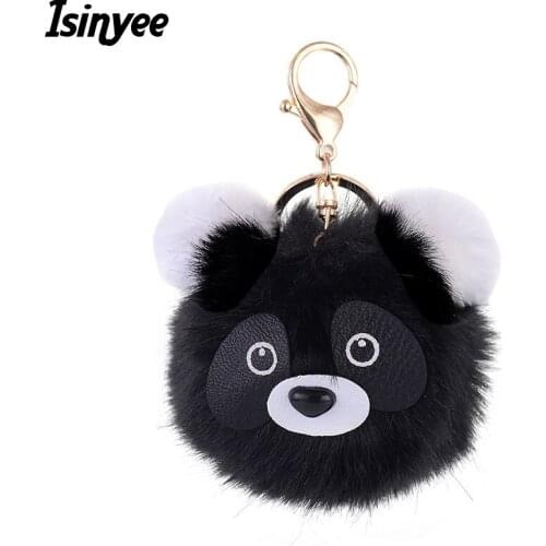 ISINYEE Cute Fluffy Pom Pom Panda Bear KeyChains For Women Girls Bag Car Key Ring Holder Fur Pompom Animal Keychain