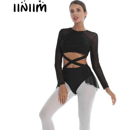 Women Ballroom Gymnastics Dancewear Mesh Long Sleeve Cross Front Dance Dress Costume One-Piece Backless Padded Tops Briefs Skirt