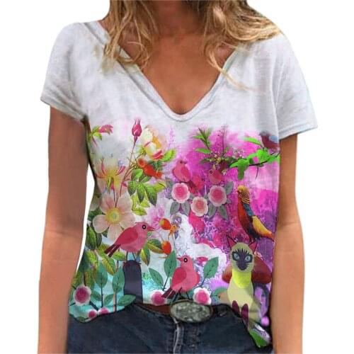 Tee Shirt Women Flower Print Graphic Top Female Summer Clothes Y2k Vintage Aesthetic Streetwear V Neck Short Sleeve Floral Shirt