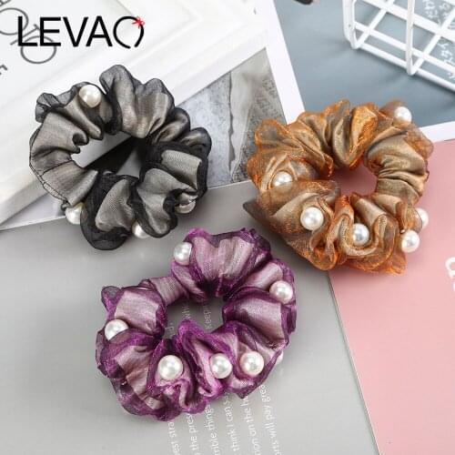 Levao Double Chiffon Scrunchies Pearl Colorful Hair Bands Elastic Band Ponytail Fashion Ladies Hair Accessories