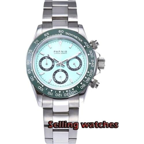 39mm PARNIS white dial sapphire crystal solid full Chronograph quartz mens watch