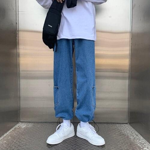 2021 Mens Blue/Black Color Jeans Trend Loose Straight Casual Pants Multi Pockets Korean Streetwear Trousers Plus Size M-3XL