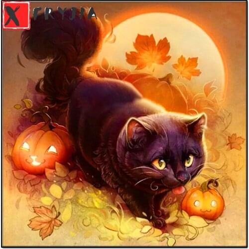 Full Square round Diamond Embroidery Halloween Kit Diamond Painting Cat Mosaic Cross Stitch Animal Halloween home Decoration
