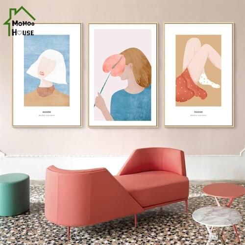 Nordic Moranti Pink Little Girl Canvas Painting Abstract Character Wall Art Poster for Living Room Home Decorations
