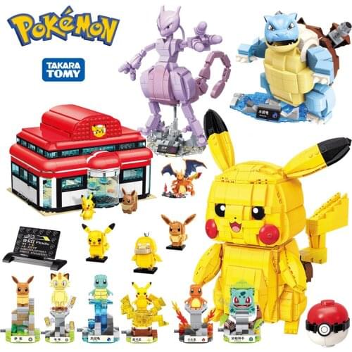 NEW 2021 Classic Anime Pokemon Center House Pikachu Mewtwo Charizard Venusaur Building Blocks Bricks Sets Model DIY Toy For Gift