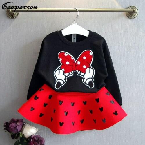 New Girls Long Sleeve Clothes Set Fashion Bow Mickey Shirt and Hallow Out Skirt Children Clothing Suit Girls Outfits