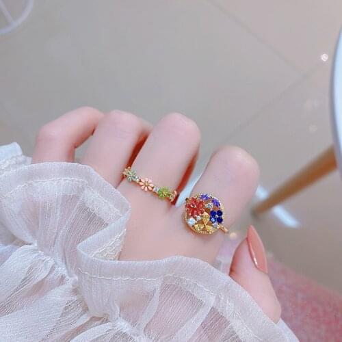 New Retro Design Micro Inlaid Colorful Zircon Flowers Drip Open Ring Garland Jewelry Super Beautiful Accessories