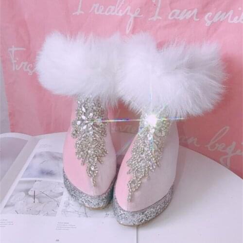 New pink velvet heightened pointed boots fox fur wild rhinestone bare boots fashion fairy snow boots