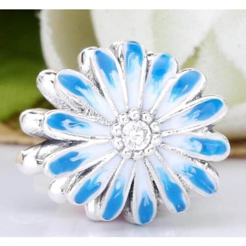 Original Blue Daisy Flower With Crystal Beads Fit 925 Sterling Silver Bead Charm Bracelet Bangle DIY Jewelry