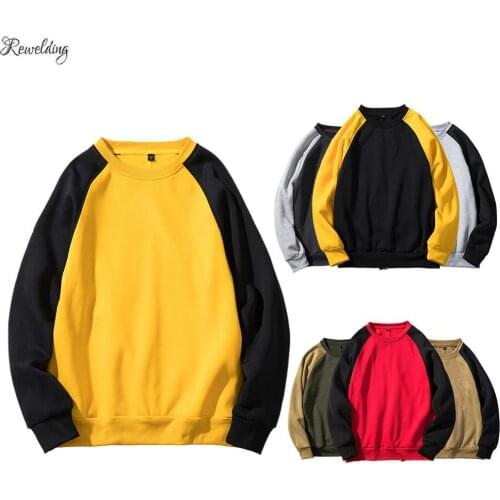 Autumn Winter Shoulder Stitching Color Pullover Hoodie Men Fleece Long Sleeve O-neck Sweatshirt Hip Hop Streetwear Coat Big Size