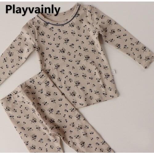 2021 Korean Style Autumn Girls Pajamas 2-pcs Sets Floral Long Sleeves Top+Pants Air Conditioning Sleepwear Warm Homewear E1078
