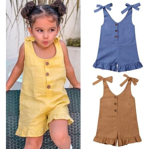 1-6Y New Baby Girl Cotton Linen Clothes Girls Ruffle Romper Kids Jumpsuit Summer Sleeveless Button Overalls Outfits