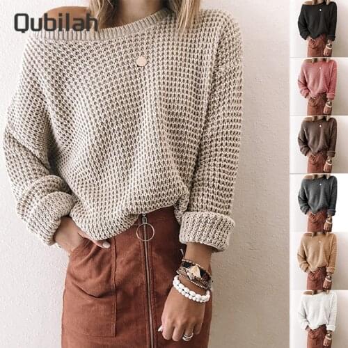 Wild Sweater Women New Sweater Womens Solid Color Loose Slant Collar Long-sleeved Knitted Top Female Pullover Soft Warm Jumper