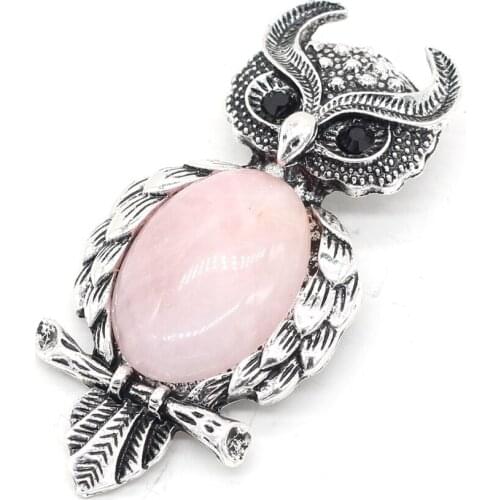 2021 Lovely Animal OwlTexture Brooches for Women Men Natural Rose Quartz Cabochons Pins Brooch Pendant Party Jewelry Accessorie
