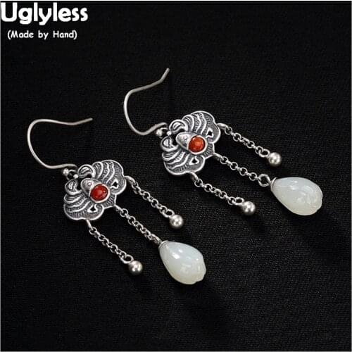 Uglyless S 925 Sterling Silver Natural Jade Orchid Women Dress Earrings Engraved Bat Totem Ethnic Brincos Agate Bead Fine Bijoux