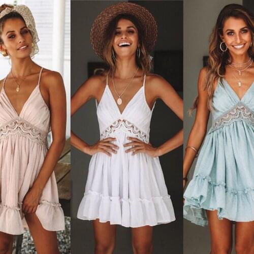 Summer Sexy Deep V Neck Spaghetti Straps Bandage Womens Mini Dress 2021 Fashion Lace Patchwork Hollow Out Backless Ladies Dress