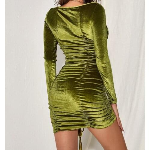 Summer Autumn Women 2021 Sexy Long Sleeve Slim Elastic Bandage Dress Short Pleated Party Casual Vacation Beach Dress