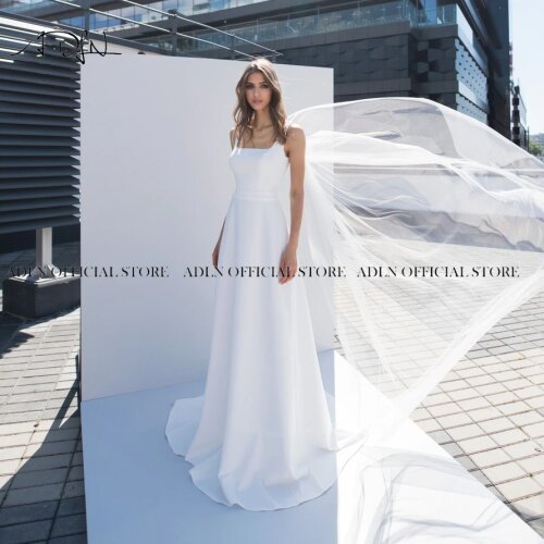 ADLN Simple A Line Wedding Dresses for Bride Square Neckline Watteau Train Bridal Gown Boho Bride Dress свадебное платье 2021