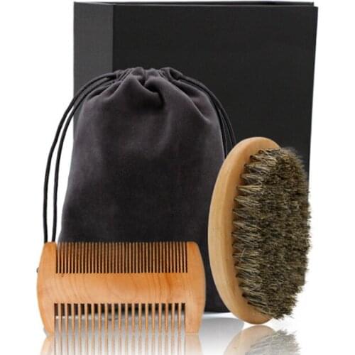 1Set Natural Wood Boar Bristle Beard Brush Wide/Fine Tooth Natural Peach Wood Comb For Men Beard care Brush Set