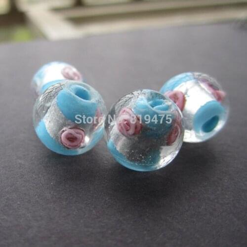 20Pieces/Lot 12mm Lampwork Glass Beads Flower With Silver Color Foil Ocean Blue Color for jewelry making