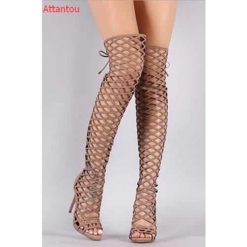 2017 newest cutouts lace-up thigh high boots sexy open toe over the knee high heel boots summer sandal boots gladiator boots