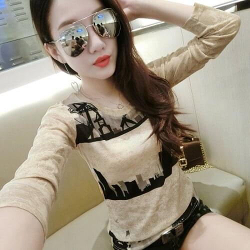 #5551 Printed T Shirt Women O Neck Casual Vintage Slim Basic T Shirt For Girl Long Sleeved Fashion Stretch T-shirt Plus Size 3XL